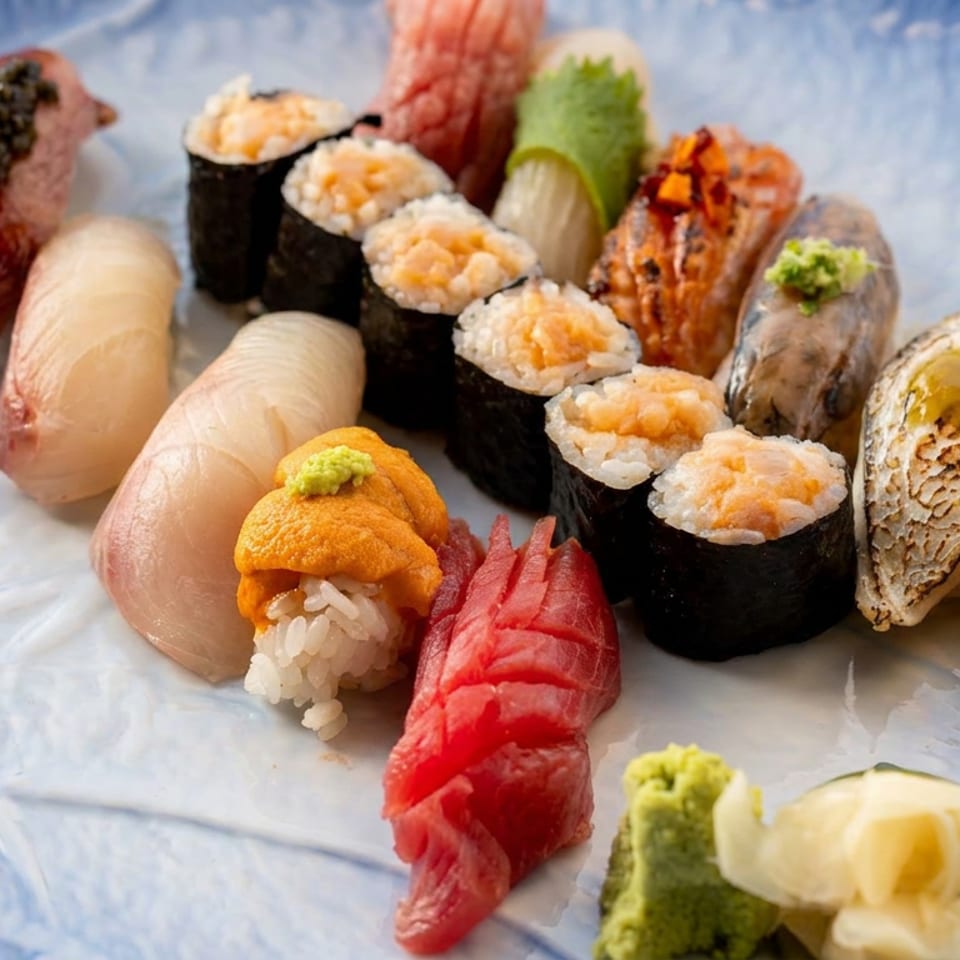 Assorted Japanese sushi and sashimi arranged on a white plate, including nigiri, maki rolls, sea urchin, and garnishes.