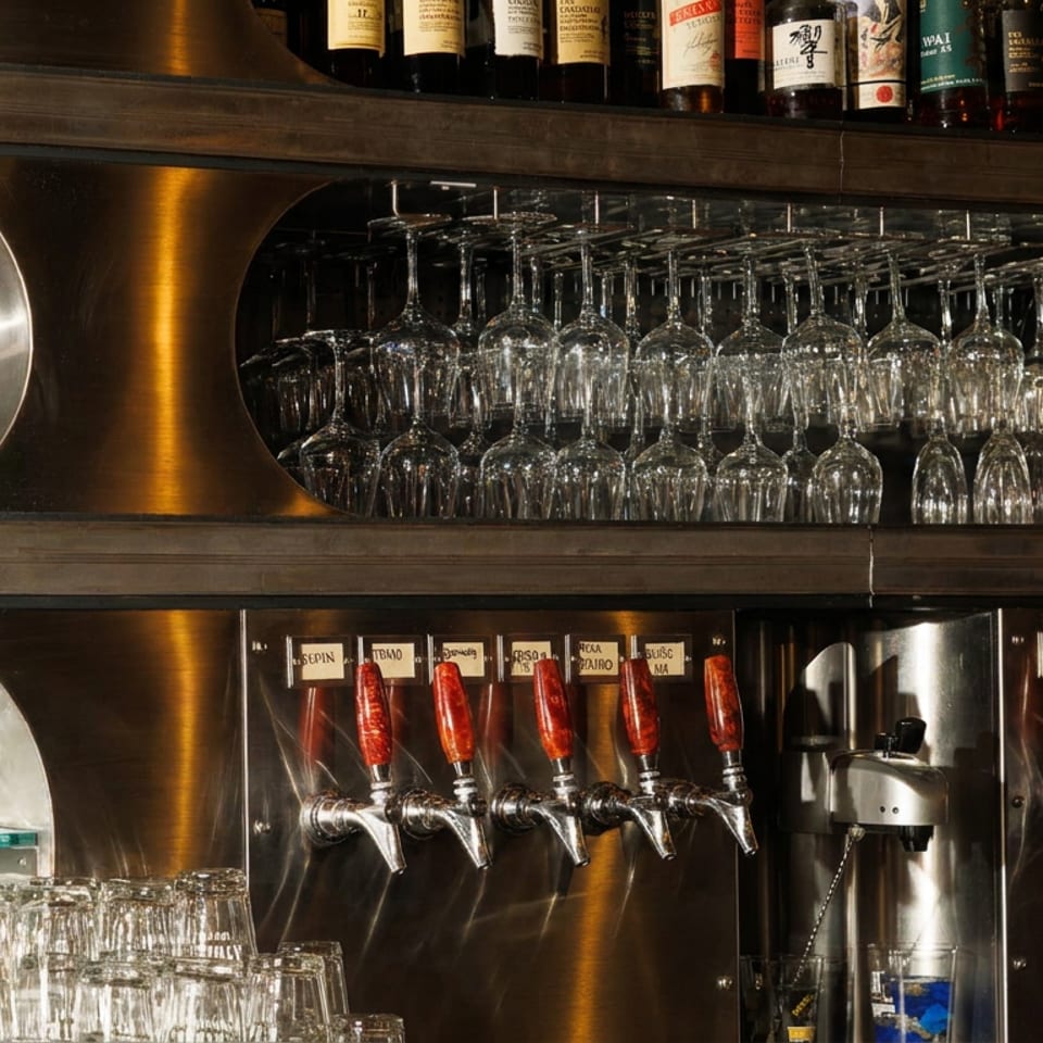 Restaurant bar with rows of wine glasses, drinking glasses, wine bottles, and red-handled beverage taps in warm metallic shelving.