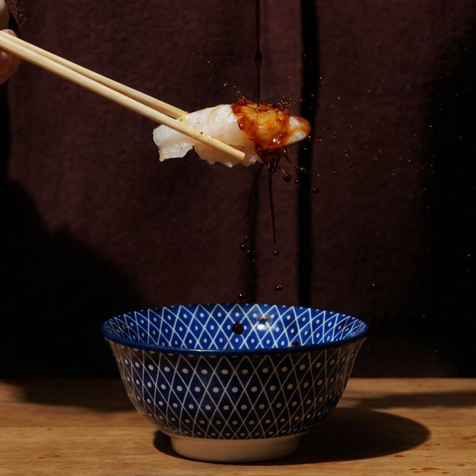 Person uses chopsticks to dip a piece of sushi into sauce above a blue patterned bowl on a wooden table.