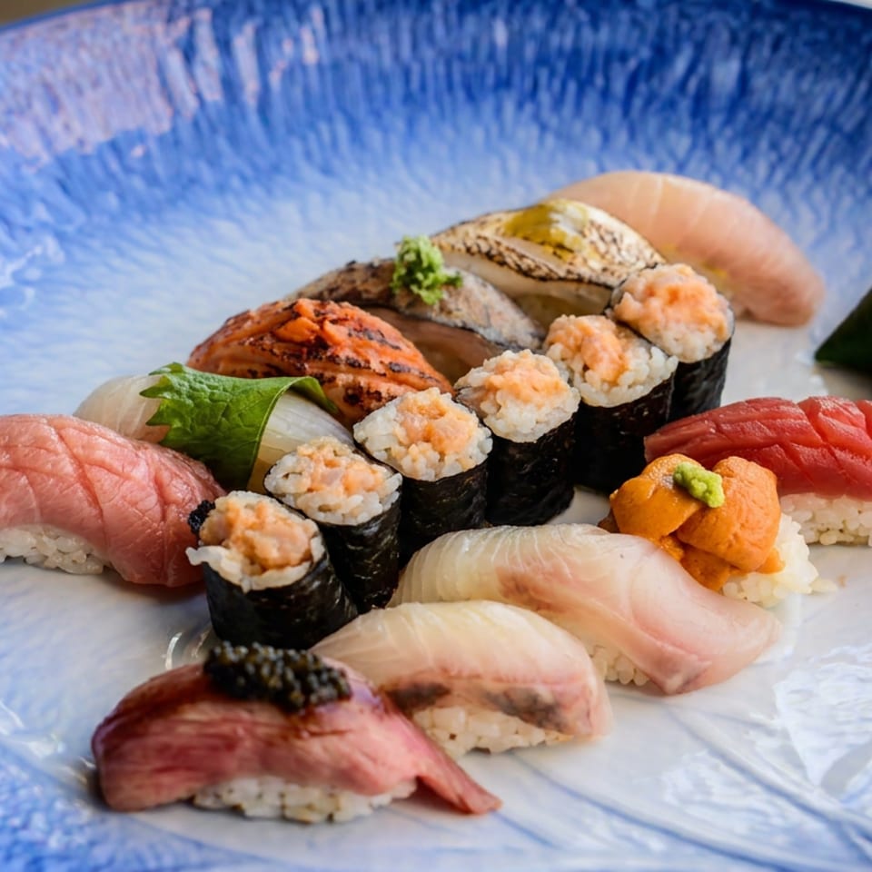 Assorted sushi and sashimi, including nigiri and maki rolls, arranged on a blue ceramic plate with wasabi and pickled ginger.
